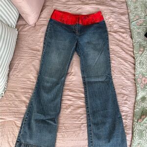 INC International Concepts Dark Wash Flare Jeans with Red Waistband